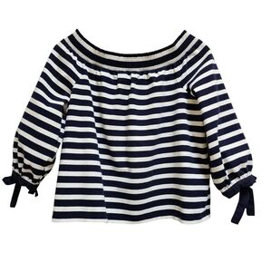 J Crew Top Women L Navy White Stripe Knit On Off Shoulder Tie 3/4 Slv Nautical